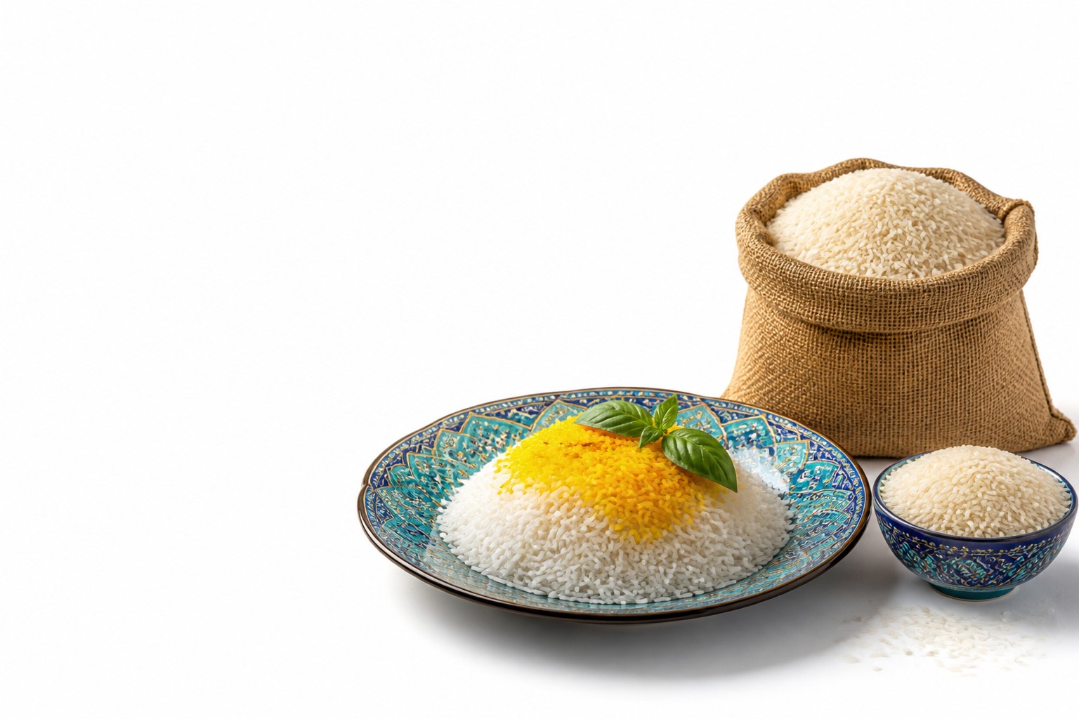 بشقاب برنج ایرانی و کیسه برنج